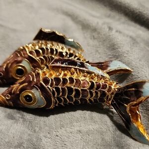 Ornamental Cloisonné Fish Pair - Gold, Brown & Light Blue